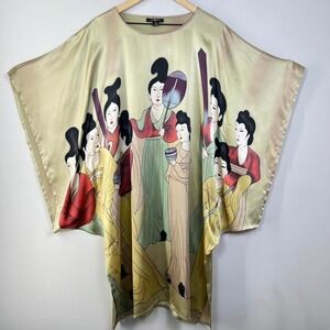 Vintage Silk Kaftan Tang Dynasty Court Ladies Print XL Asian Art Silk Tunic